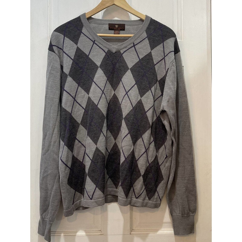 Toscano Gray and Purple Argyle V-Neck Sweater Men’s Size Large